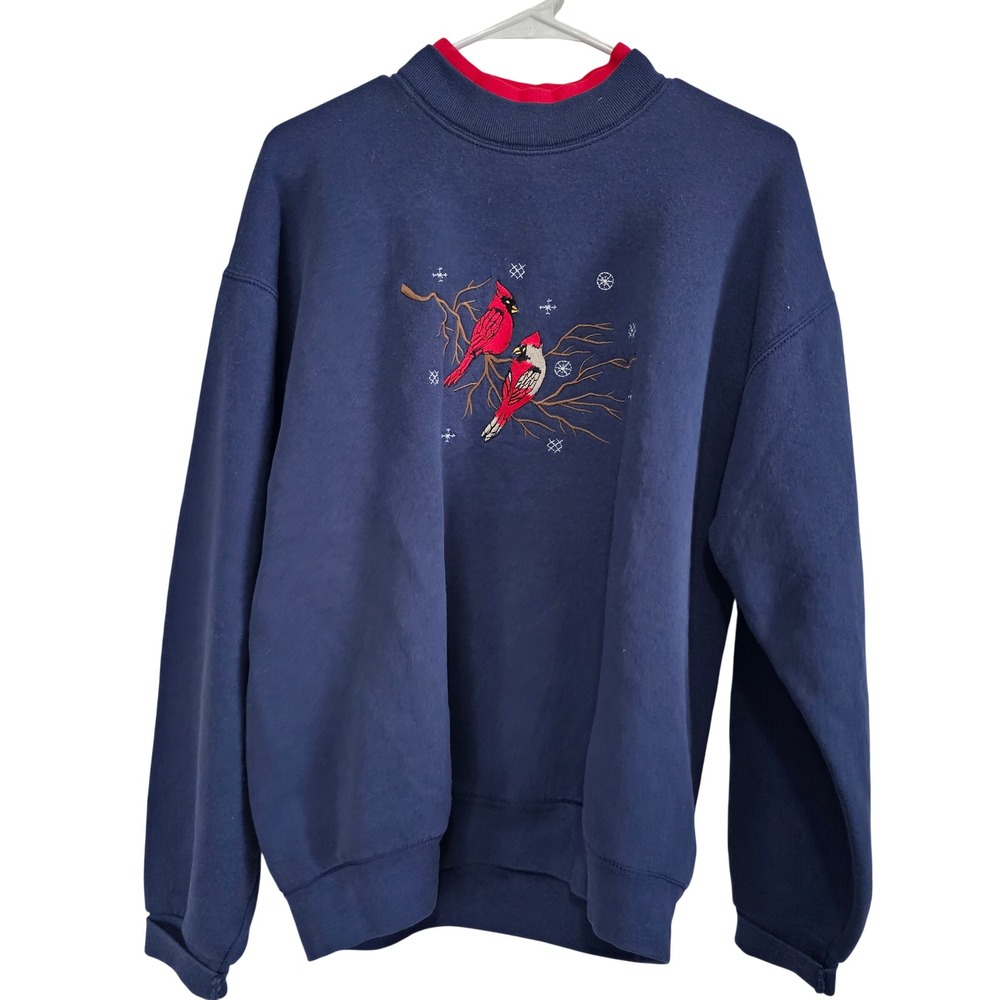 Vintage Style Cardinal Bird Embroidered‎ Mock Neck Navy Blue Sweatshirt Pullover